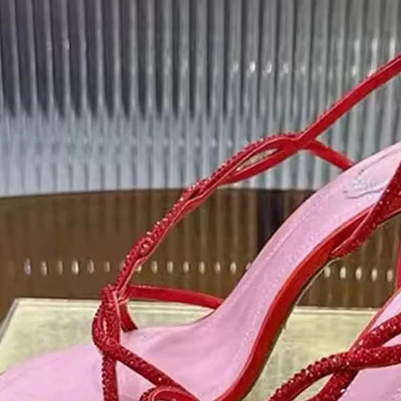 Bling Crystal Studded Thin Heels Sandals Woman Rhinestone Cross-tied High Heels Banquet Shoes Summer Stiletto Sandalias Women