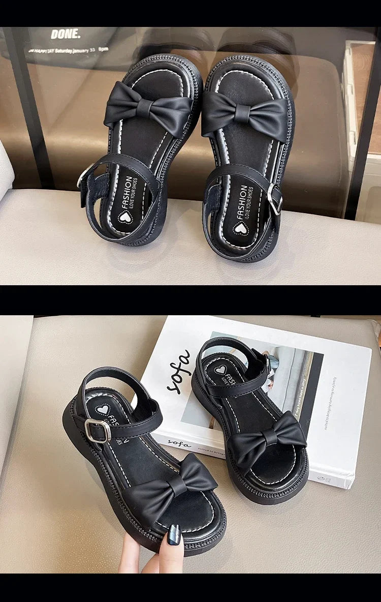 Girls Summer Beach Sandals 2025 New Solid Color Kids Causal Sandals Fashion Sweet Bow School Versatile Children Princess Shoes