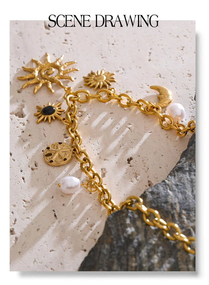 Trendy Starfish Moon Sun Shaped Pendant Charm Necklace Statement Stainless Steel Golden Chain Fashion Jewelry PVD Plated