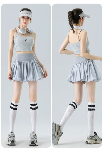 Women Summer Tennis Skirt High Waist Flared Flounce Skirt 2 in 1 with Shorts Anti-Exposure Athletic Pleated Golf Skirt Workout