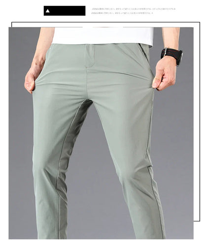 Business Thin Men's Breathable Pants Slim Straight High Elastic Slim Casual Pants Male Brand Clothing Khaki Gray Green Black