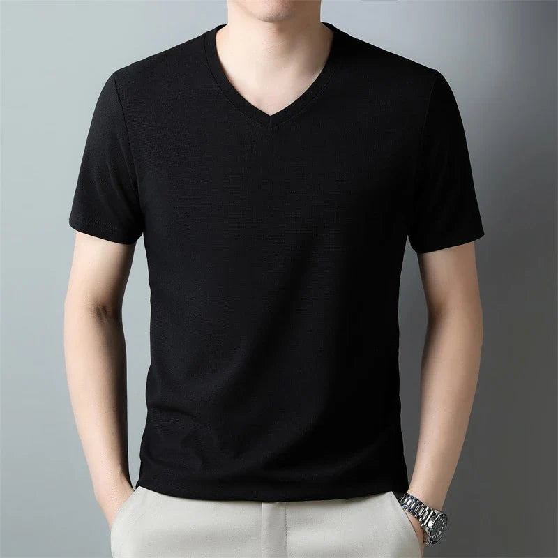 2024 Men's Waffle V Neck Short Sleeve T-Shirt Summer Comfortable Breathable Fashion Top in Solid Colors