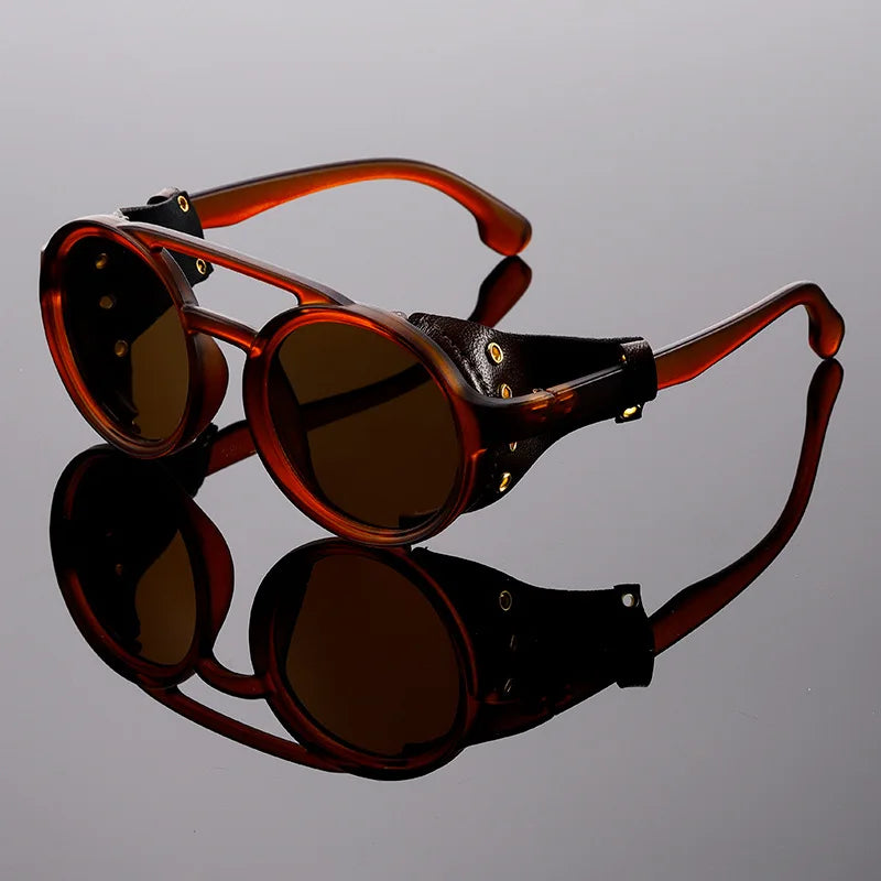 New Unisex Vintage Steampunk Sunglasses Men's Designer Designer Retro Round Leather Sun Glasses Steam Punk Outdoor Goggles UV400