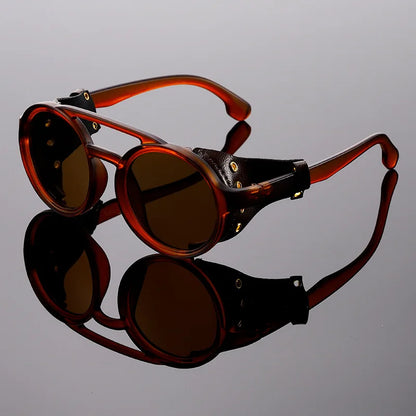 New Unisex Vintage Steampunk Sunglasses Men's Designer Designer Retro Round Leather Sun Glasses Steam Punk Outdoor Goggles UV400