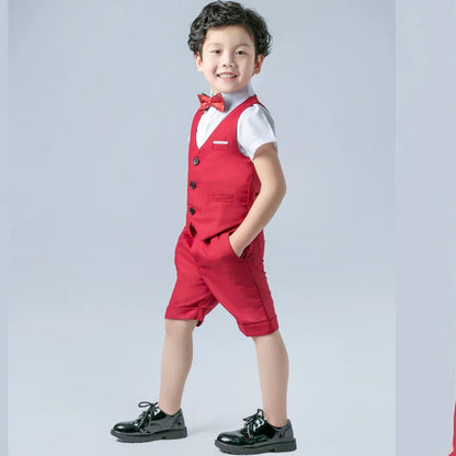 Boys Formal Birthday Photograph Suit Kids Summer Vest Shirt Short Bowtie Wedding Dress Teenager Suit Children Graduation Costume
