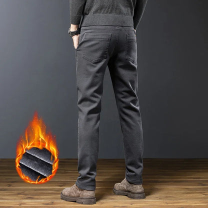 Classic Men's Fleece Slim Pants Winter Casual Velvet Business Straight Solid Thick Plush Trousers Brand Clothing Man Pants