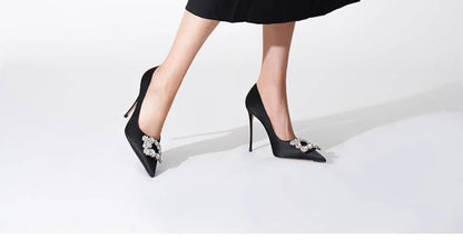 2026 Spring and Autumn New Women's Blue High Heels Pointed Thin Heel Rhinestone Square Buckle Dress Fashion Women's Shoes