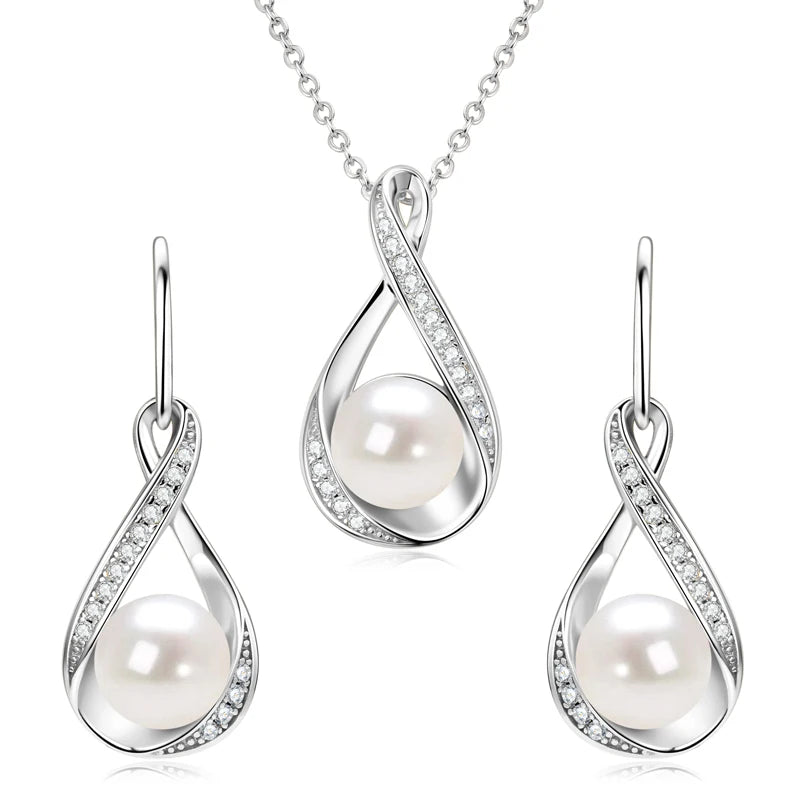 Moissanite Natural Freshwater Pearl Infinity Pendant Necklace & Earrings Sets for Women 925 Sterling Silver Wedding Jewelry Set