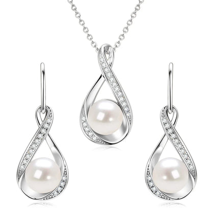 Moissanite Natural Freshwater Pearl Infinity Pendant Necklace & Earrings Sets for Women 925 Sterling Silver Wedding Jewelry Set