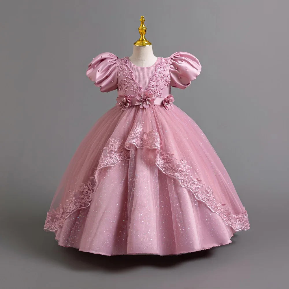 Girl's Pearl Bubble Sleeves Princess Dress 4-12 Years Old Fashionable Flower Lace Satin Dress Birthday Wedding Flower Girl Dress