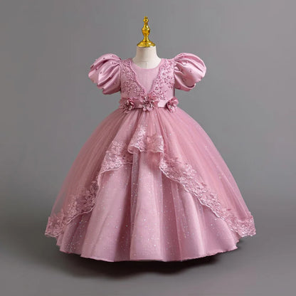 Girl's Pearl Bubble Sleeves Princess Dress 4-12 Years Old Fashionable Flower Lace Satin Dress Birthday Wedding Flower Girl Dress