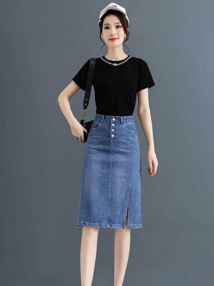 Chubby High Waist Female Jeans Skirts Blue Women's Denim Skirt with Pocket Midi To Knees Length 2025 Trend New in Y2k Vintage V