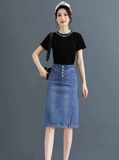 Chubby High Waist Female Jeans Skirts Blue Women's Denim Skirt with Pocket Midi To Knees Length 2025 Trend New in Y2k Vintage V