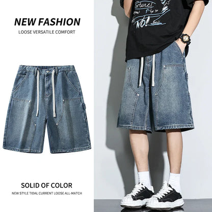 Men's Denim Shorts Summer Loose Vintage Hip-hop Cargo Moto Short