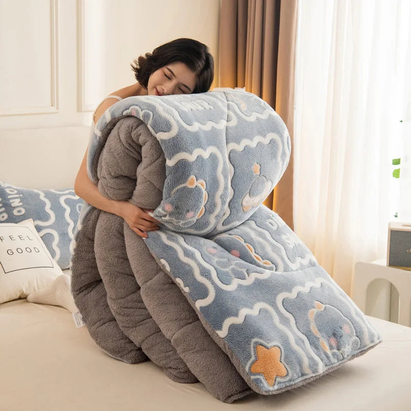 Winter Thick Coral Fleece Quilt Blanket Weighted Milk Velvet Snowflake Flannel Duvet Keep Warm Comforter for Student Dorm