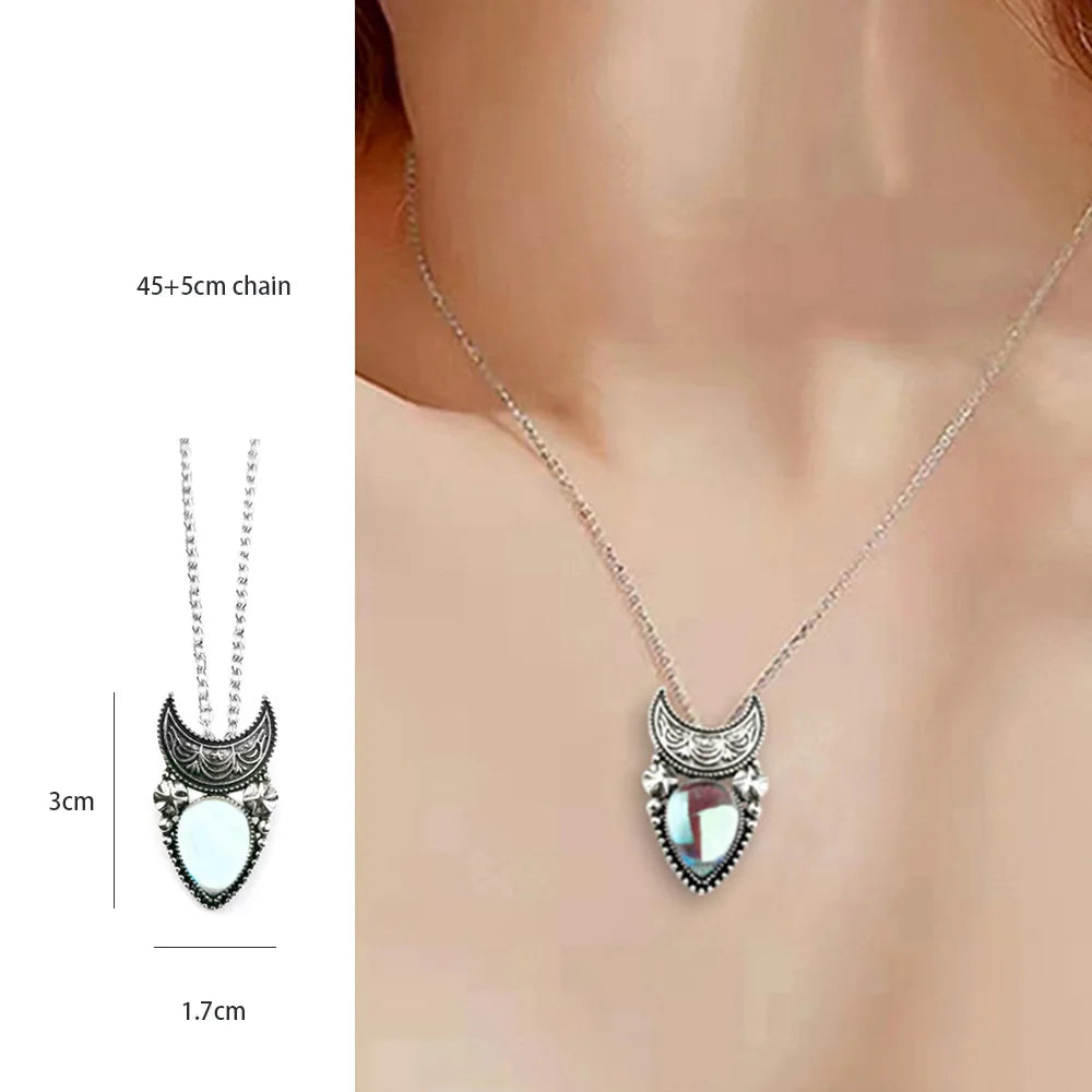 Artificial Moonstone Antique Pendant Necklace Gems Cabochon Vintage Boho Moon Necklace for Lady Girls Women Gift
