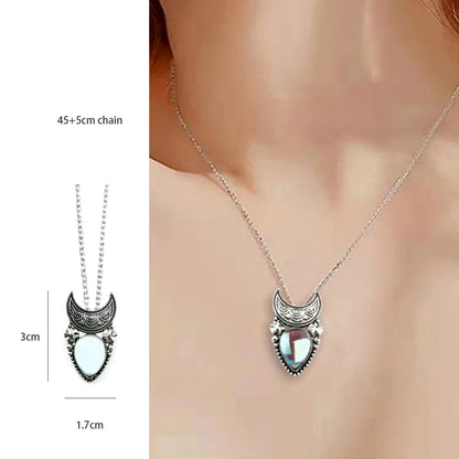 Artificial Moonstone Antique Pendant Necklace Gems Cabochon Vintage Boho Moon Necklace for Lady Girls Women Gift