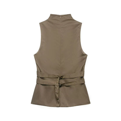 Women's two-tone double-breasted high-neck sleeveless top, waist-cinching slim-fit high-street casual women's vest, 2026 new