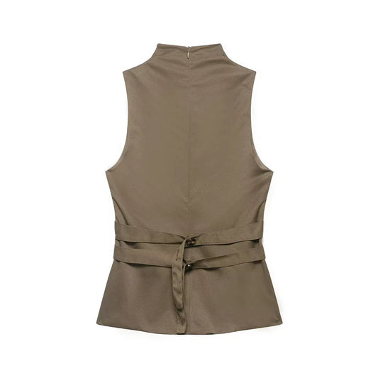 Women's two-tone double-breasted high-neck sleeveless top, waist-cinching slim-fit high-street casual women's vest, 2026 new
