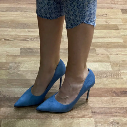 Women 9cm High Heels Pumps Stripper Flock Suede Plus Size Escarpins Lady Wedding Bridal Heels Escarpins Green Blue Yellow Shoes