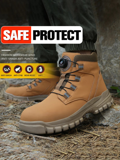 Leather Non Slip Work Boots for Men Rotating Button Safety Shoes Steel Toe Sneaker Male Puncture Proof Protective Boots
