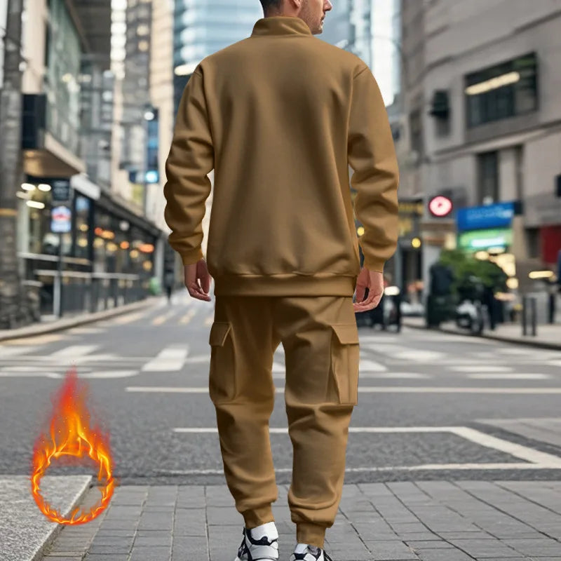 2024 autumn and winter men's casual velvet warm zipper sports trousers set