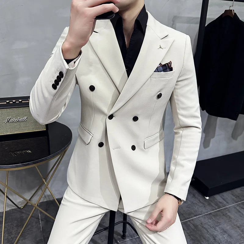 ( Blazers + Pants ) Boutique Fashion Solid Color Double-breasted Men's Casual Business Slim Suit 2-piece Set Groom Wedding Dress