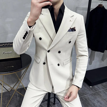 ( Blazers + Pants ) Boutique Fashion Solid Color Double-breasted Men's Casual Business Slim Suit 2-piece Set Groom Wedding Dress