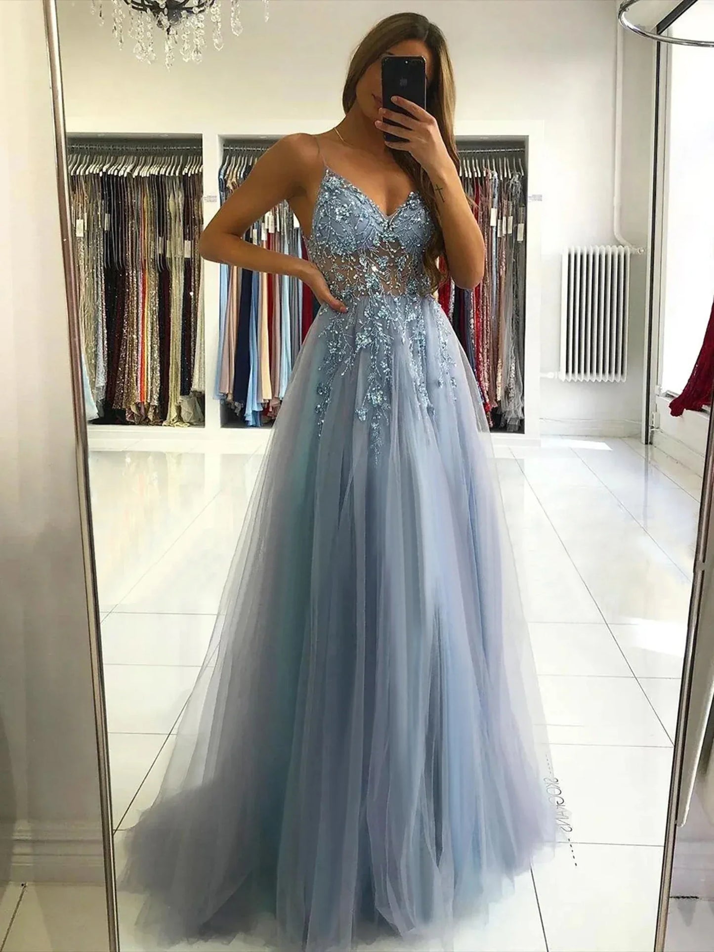 Sling Evening Dresses Prom Dress V-Neck A-Line Train High Split Gowns Sexy Spaghetti Straps Illusion Sequins Appliques