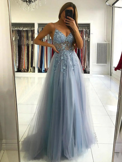 Sling Evening Dresses Prom Dress V-Neck A-Line Train High Split Gowns Sexy Spaghetti Straps Illusion Sequins Appliques