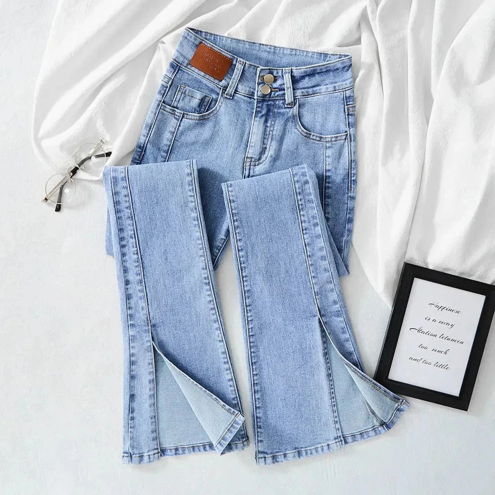 High-waist Stretch Split Flare Jeans Denim Trousers