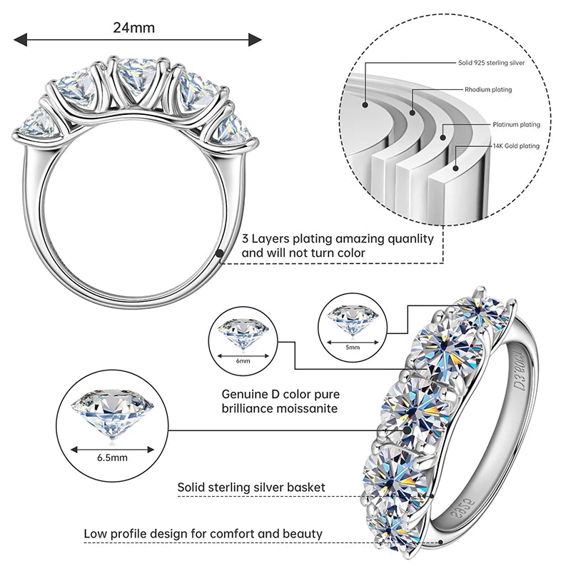 18k Gold Plated D3.6CT 5 Moissanite Stone Rings for Women S925 Sterling Silver Sparkling Diamond Wedding Band Fine Jewelry