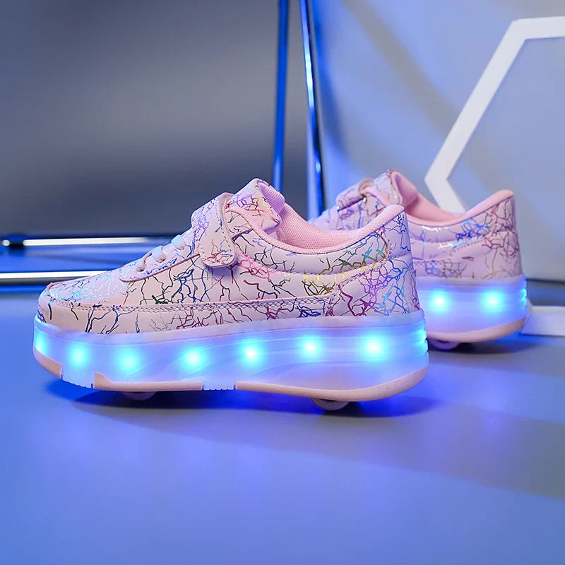 4 Wheel Dual-Use Roller Skates with Detachable Wheels ,Sneakers with LED Boys Girls Shoes with Wheels,Speed Skate Sizes 29-42