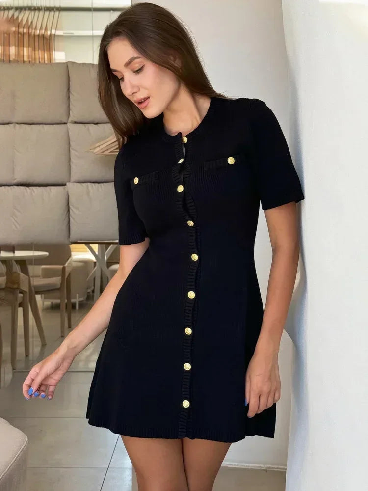 Elegant Knit Mini Dress Women Street Slim High Waist Short Sleeve Rib Sweater Dresses Vacation Bodycon Knitwear Dress