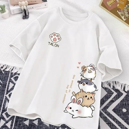 Camiseta Feminina Estilo Hamster Japonês Fofo Estampa Doce Uso Diário Manga Curta Solta Casual Adolescente Estudante Meia Manga Top