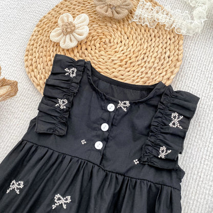 Summer Girls Dress Children's Clothing Bow Embroidered Flower Collar Girl's Dress Cartoon Printed Flying Sleeves Princess Dress