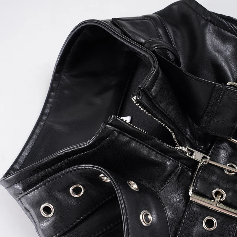 Retro Punk Pu Leather Vest With Sleeve Cover Women Gothic Black Sleeveless Turtleneck Top Y2k Metal Decorative Clothing