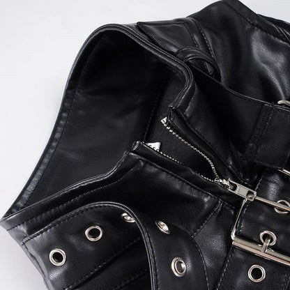Retro Punk Pu Leather Vest With Sleeve Cover Women Gothic Black Sleeveless Turtleneck Top Y2k Metal Decorative Clothing