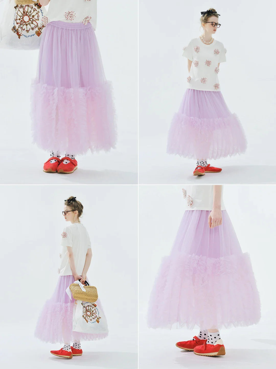 Women's Light Purple Tulle Midi Skirt with Ruffled Hem Elastic Waist Casual Fairy Style Summer  Flowy A-Line Skir 255106