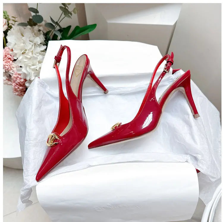 Thin heeled Baotou sandals for women's summer 2026 new style, pointed back strap, metal buckle, versatile high-heeled sandals
