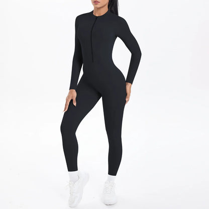 Solid Color Bodysuits for Woman's Backless Long Sleeved Zipper Yoga Jumpsuits High Dtrength Workout Sports Fitness Clothing Set