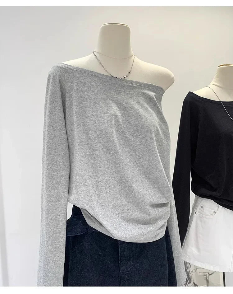 Autumn Winter One Shoulder Cotton Long Sleeve Slant Shoulder Women's Clothing Style Interior Wide Truffle Shoulder Base Shirt