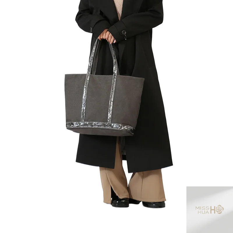 Multi-purpose Canvas Tote Bag with Sequins, Large Capacity for Women's Daily Use