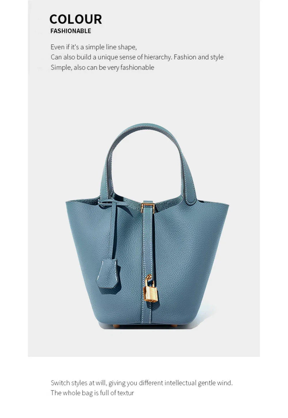 2025 Casual Fashion Female Genuine Leather Bucket Bag Luxury Handbag High-End Tote Bag Woman Cow Leather Mommy Bag & Metal Lock