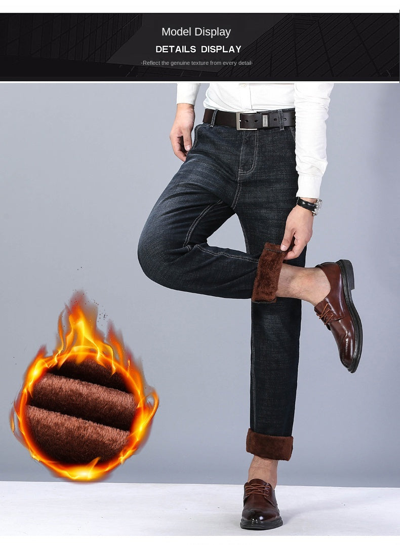 2023 Winter Men Black Blue Straight Stretch Denim Thick Velvet Pants Warm Jeans Casual Fleece Line Trousers Male Plus Size