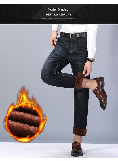 2023 Winter Men Black Blue Straight Stretch Denim Thick Velvet Pants Warm Jeans Casual Fleece Line Trousers Male Plus Size