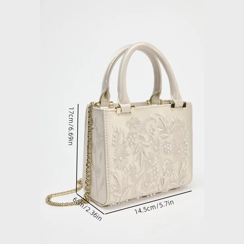 Bolsa Tote Mini Duffel Pérola, Bolsa Transversal Feminina com Correntes, Bolsa Pequena Elegante Designer de Luxo Feminina