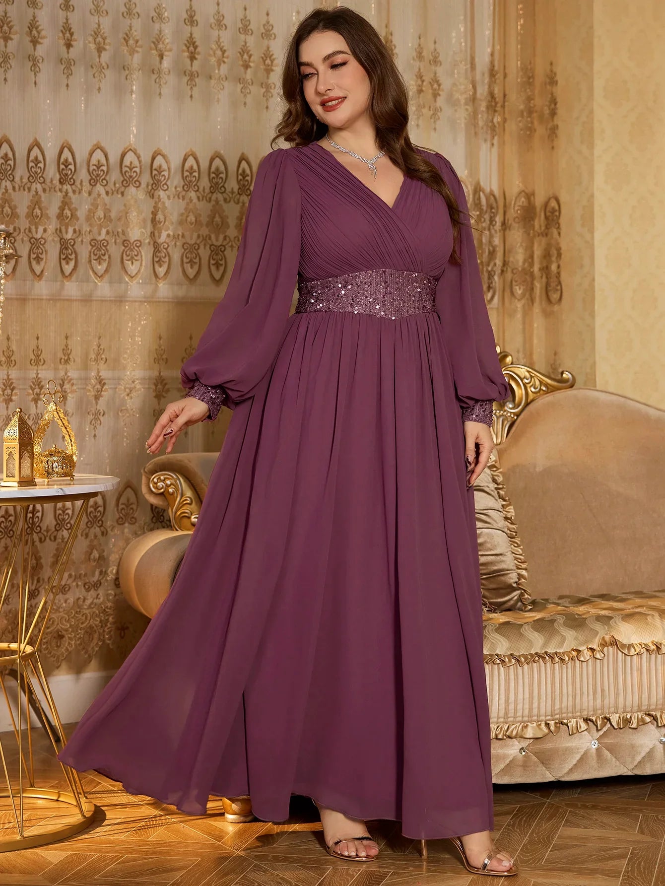Plus Size V-Neck Sequin Panel Splice Chiffon Evening Dress Women's Elegant Glitter Gown for Formal Occasions