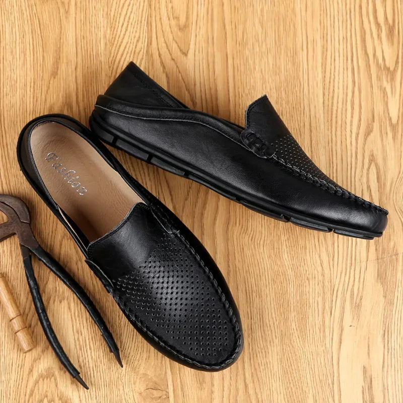 Italian Summer Hollow Shoes Men Casual Luxury Brand Genuine Leather Loafers Men Breathable Boat Shoes Slip On Moccasins