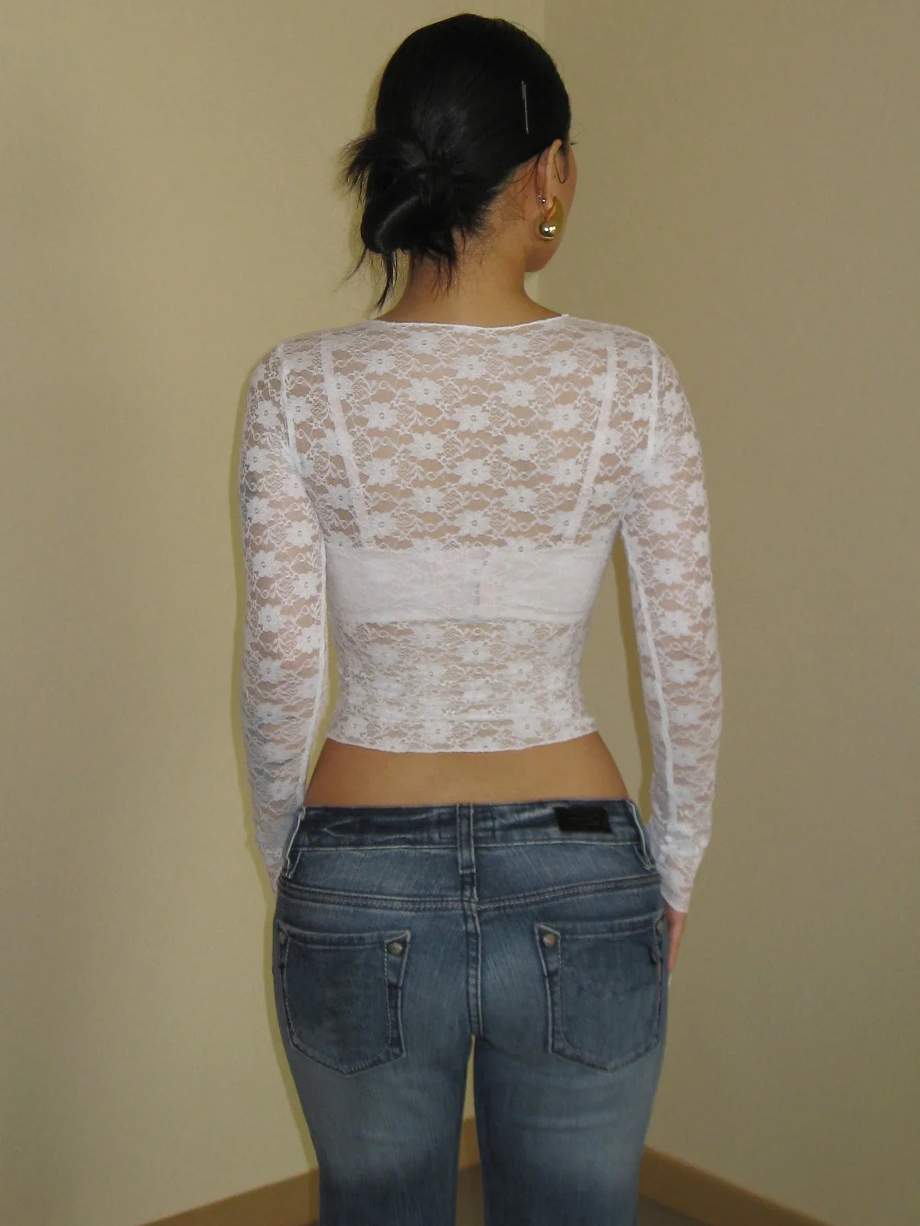 Long Sleeves See Through Lace Crop Top Solid Sexy Bodycon T-Shirt For Women Party Club Spring Summer Clothes